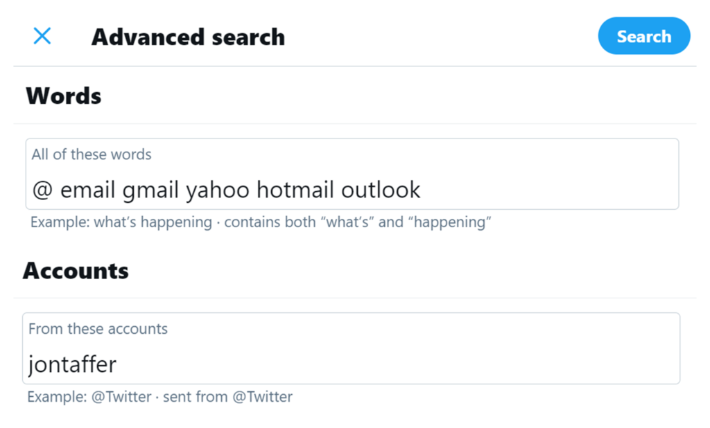 how to find email addresses using twitter advanced search