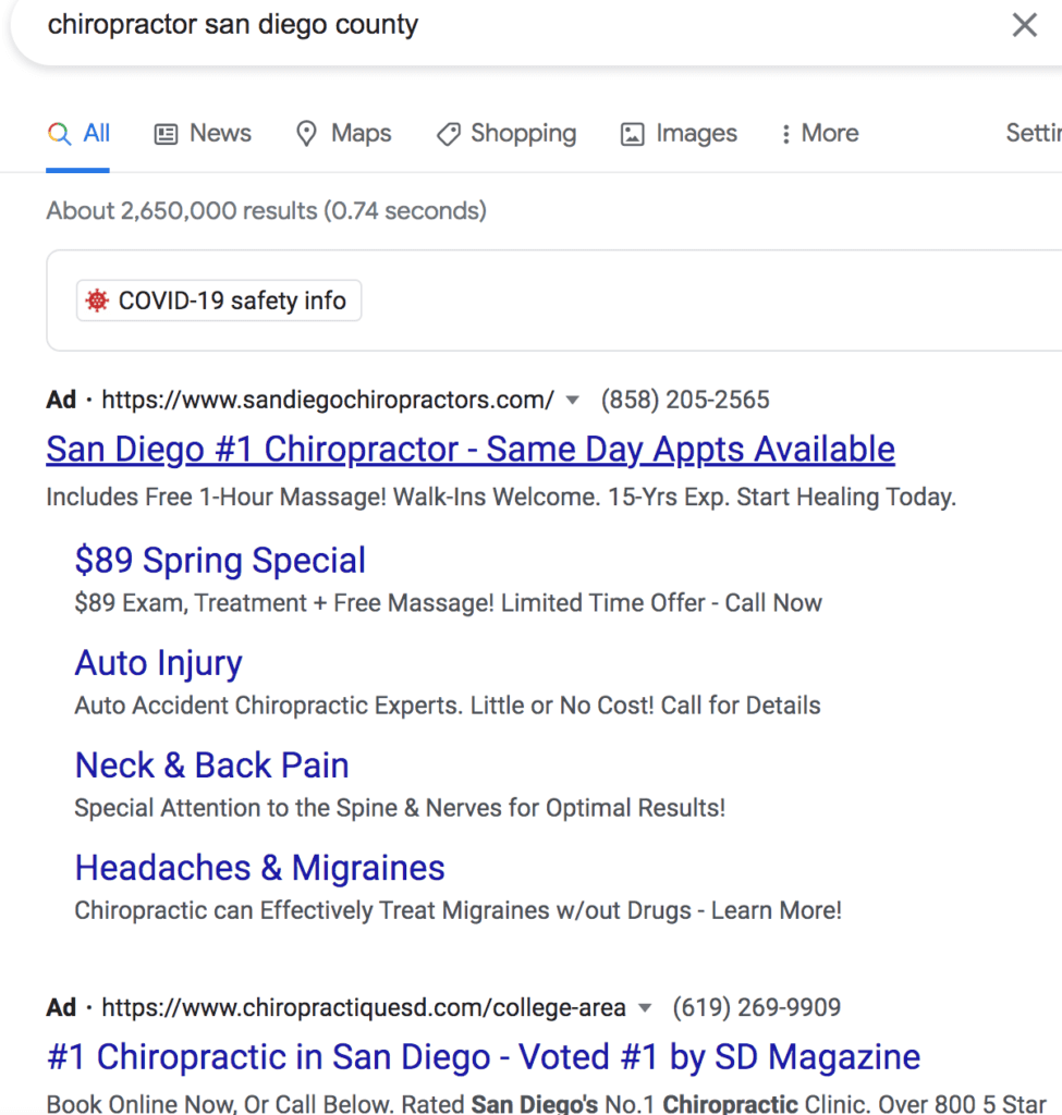 Example region-specific Google search ad