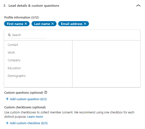 Example choose lead gen form fields (sponsored content ad)