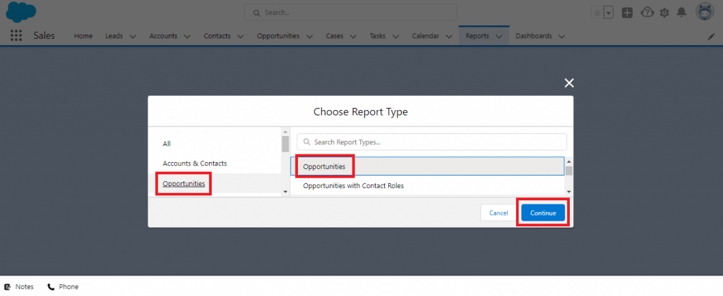 Salesforce choose report type page