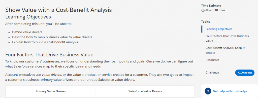 Salesforce Trailhead cost-benefit analysis unit