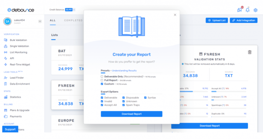 DeBounce bulk validation report