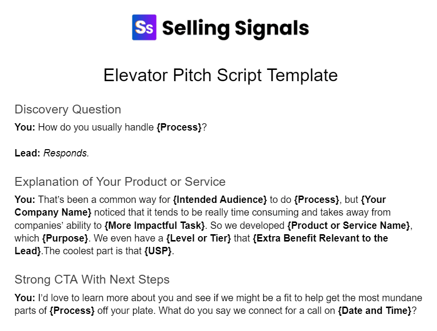 Free general elevator pitch script template