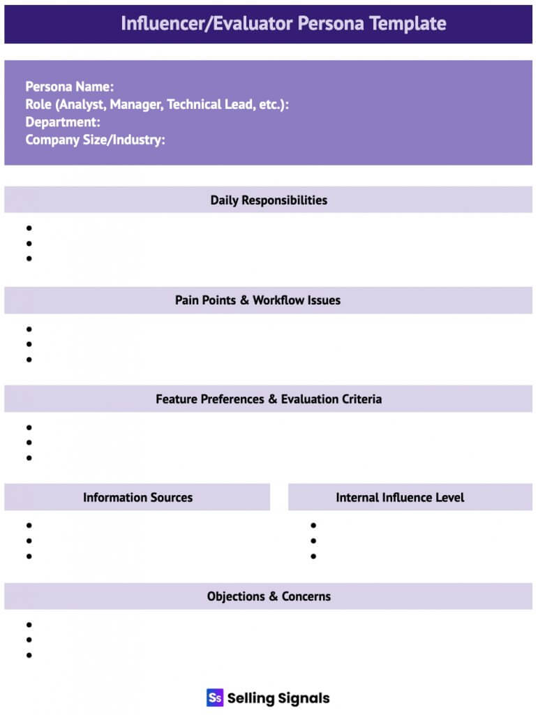 A Selling Signals Influencer/Evaluator Persona Template with sections for persona details, responsibilities, pain points, feature criteria, information sources, influence level, and objections.