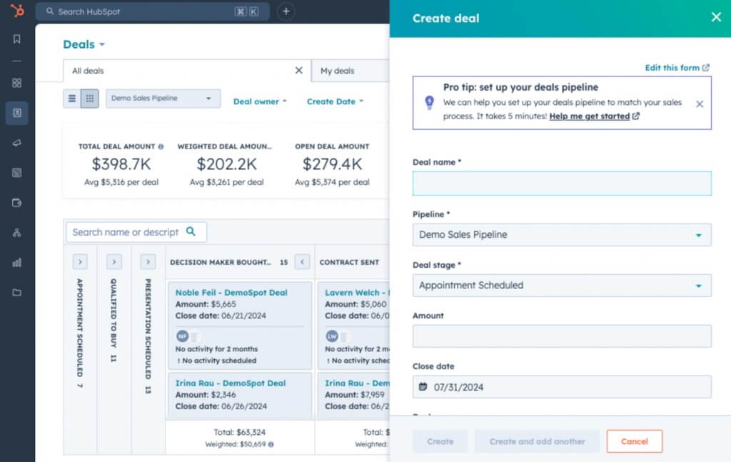 HubSpot CRM interface displaying a sales deal pipeline with multiple deal stages, deal amounts, close dates, and a create-deal panel for tracking progress and next steps.