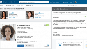 LinkedIn Sales Navigator contact card featuring InMail message pop-up window.