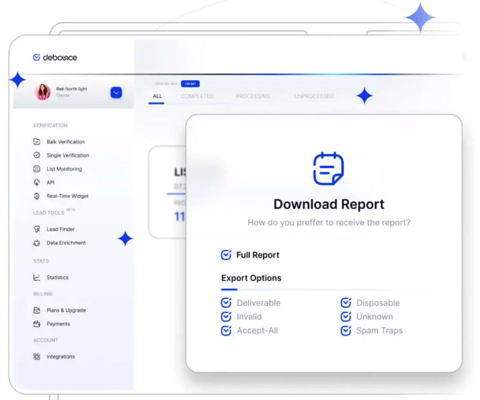 Screenshot of the DeBounce email verification platform showing a “Download Report” window with export options for deliverable, invalid, accept-all, disposable, unknown, and spam trap emails.