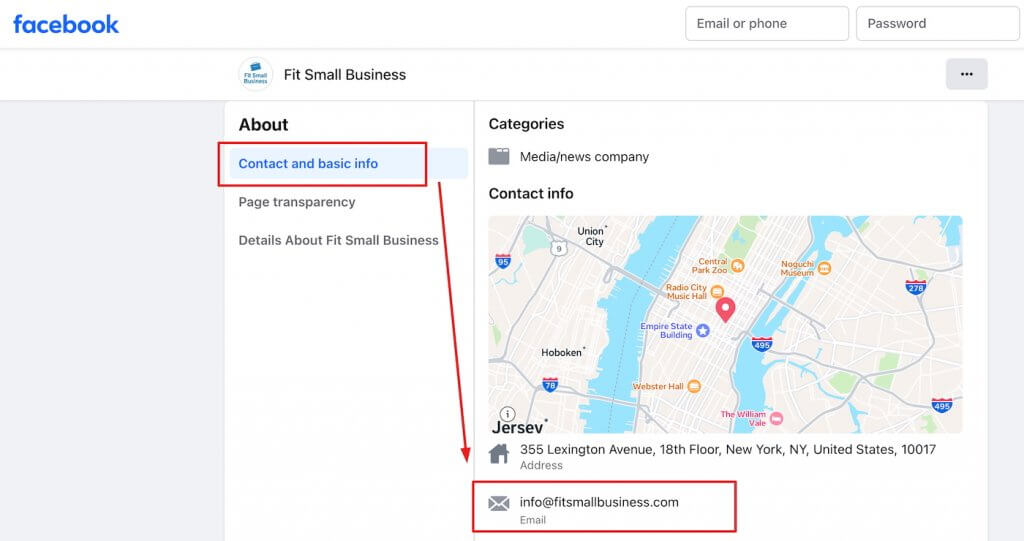 Screenshot of Fit Small Business' Facebook business page showing the About tab with “Contact and basic info” highlighted and an email address displayed, illustrating how to find emails using Facebook search.