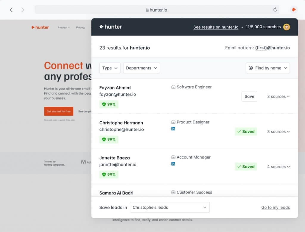 Screenshot of Hunter.io Domain Search results, displaying a list of employee emails with job titles, verification confidence scores, and the email pattern shown at the top.