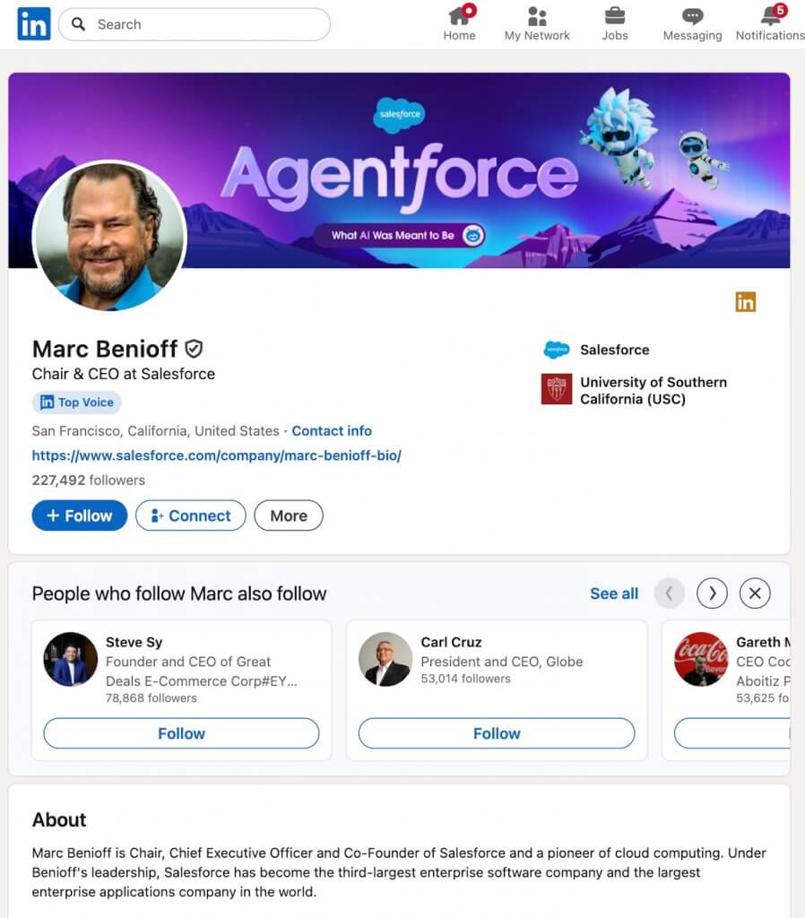 Screenshot of a LinkedIn profile page showing the search bar at the top and a “Contact info” link on the profile, illustrating how LinkedIn search can be used to locate lead details for email lookup.