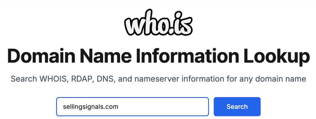 Screenshot of the who.is Domain Name Information Lookup page with a search bar showing “sellingsignals.com” entered, illustrating a WHOIS domain lookup search.