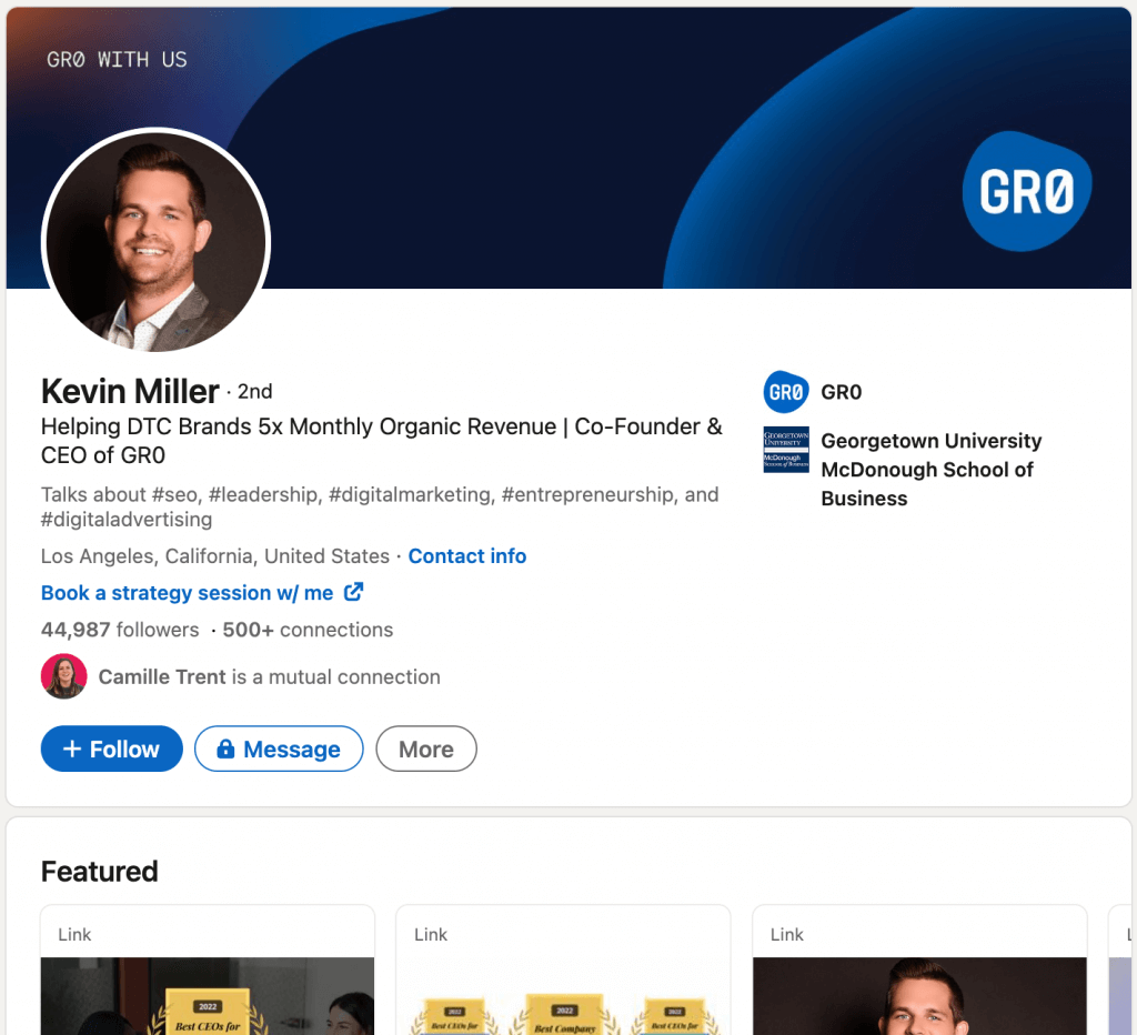 Kevin Miller example LinkedIn profile