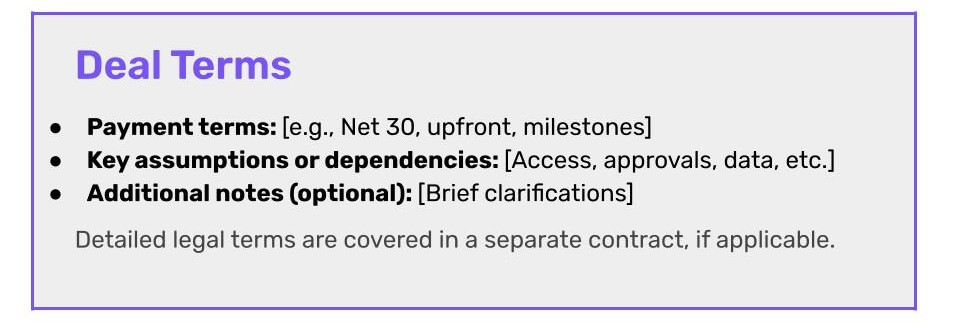 Deal terms section of the one-page proposal template with instructions on payment terms and contractual obligations.