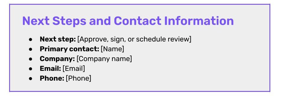 Next steps and contact information section of the one-page proposal template.