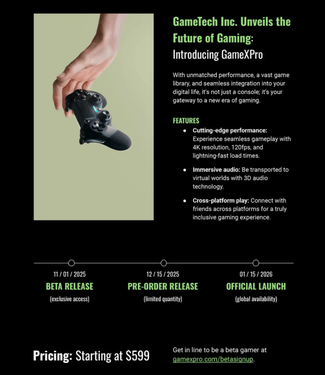 Black one-page product proposal with green and white font featuring the specifications for a game console.