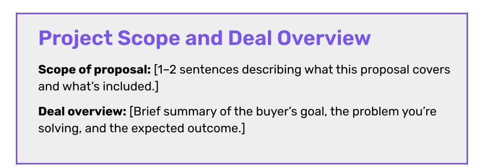 Purple and gray project scope and deal overview instructions for the one-page proposal template.