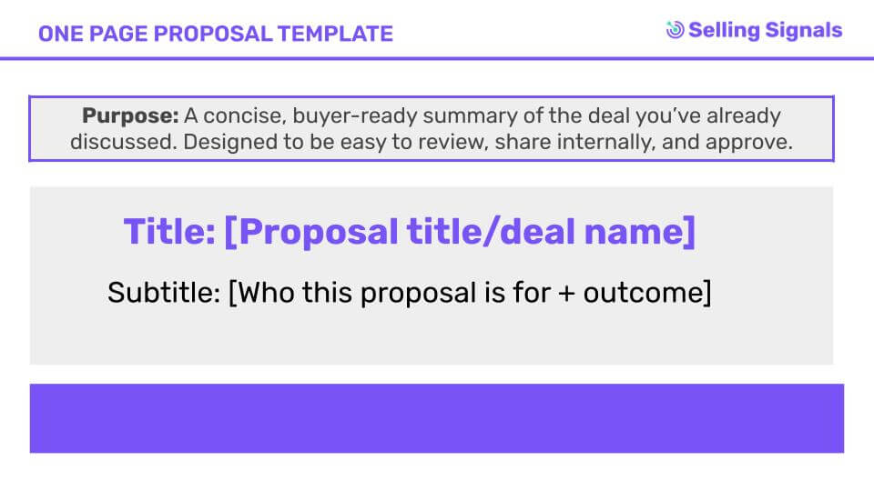 Purple and gray one-page proposal title and subtitle template.