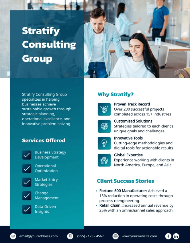 Blue and white one-page proposal for consulting services, including services offered and client success stories.