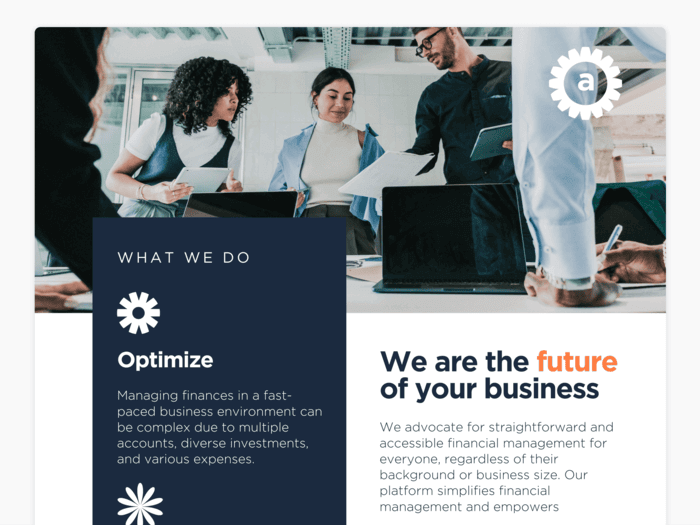 One-page proposal for a financial services company, including a photo of workers collaborating and details about the business offerings.