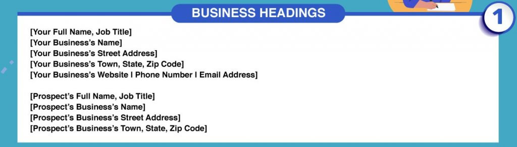 Business proposal template with example company headings and contact information.