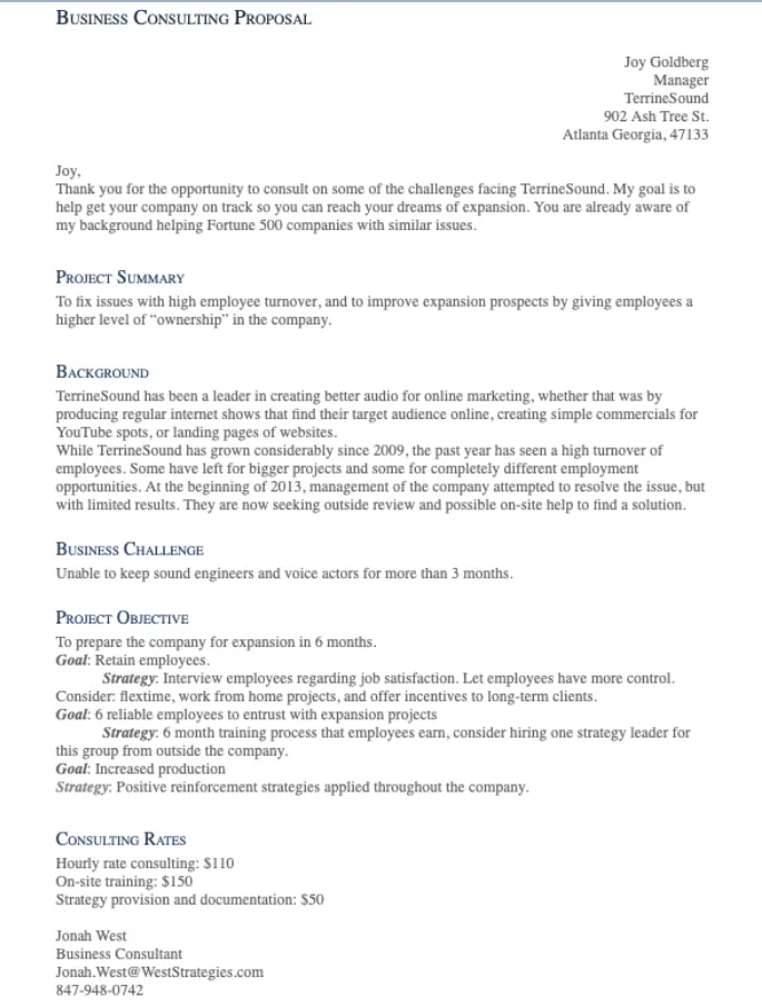 Example business proposal letter with consulting rates.