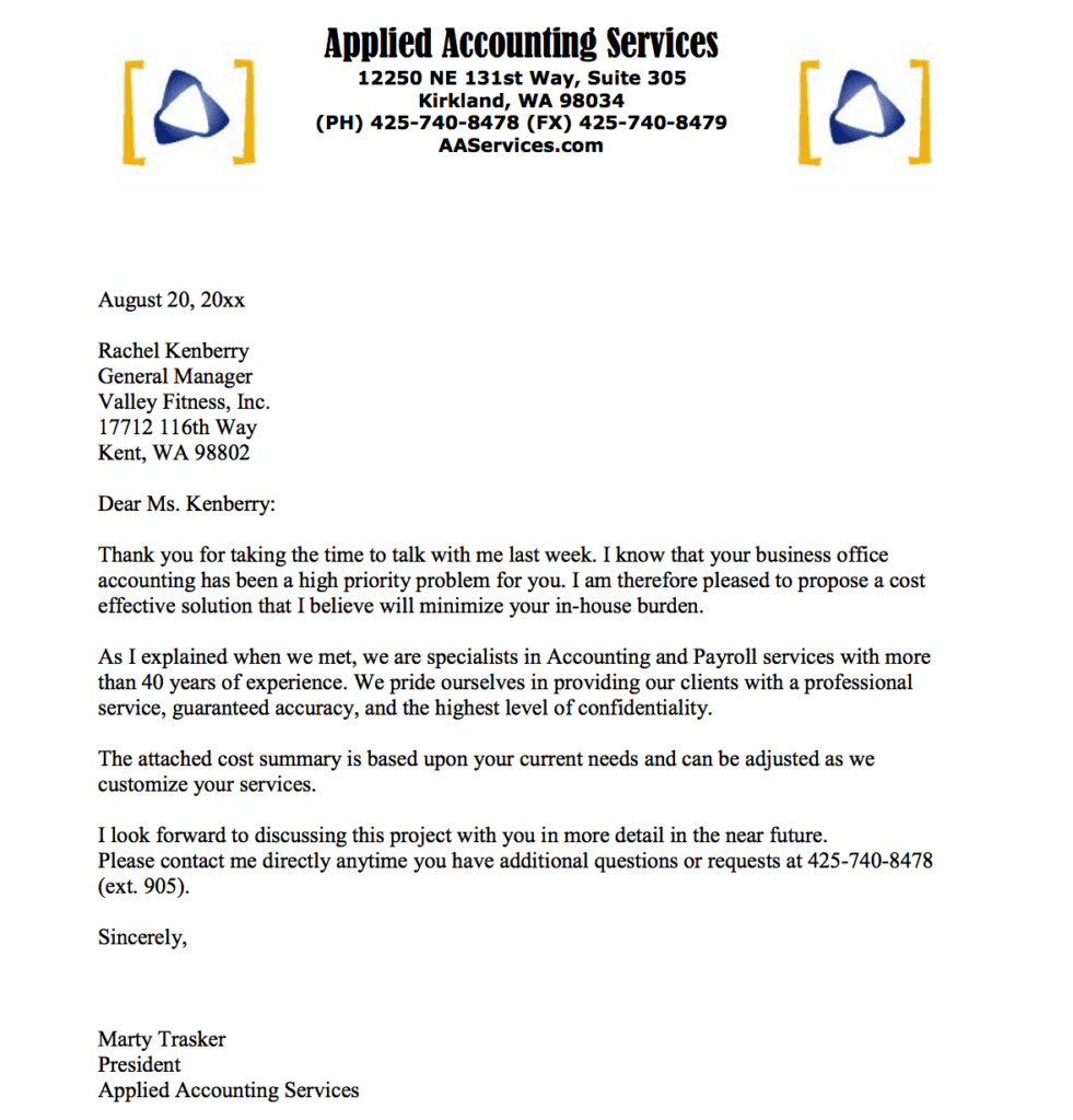 Example business proposal letter from Applied Accounting Services.