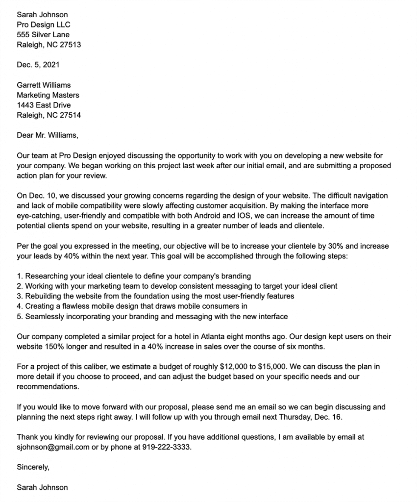 Example business proposal letter for a web developer.