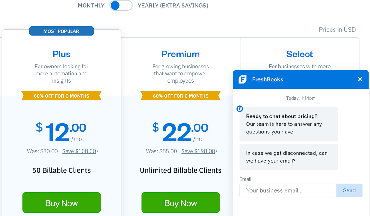 Sales funnel stages Example pricing page with live chat