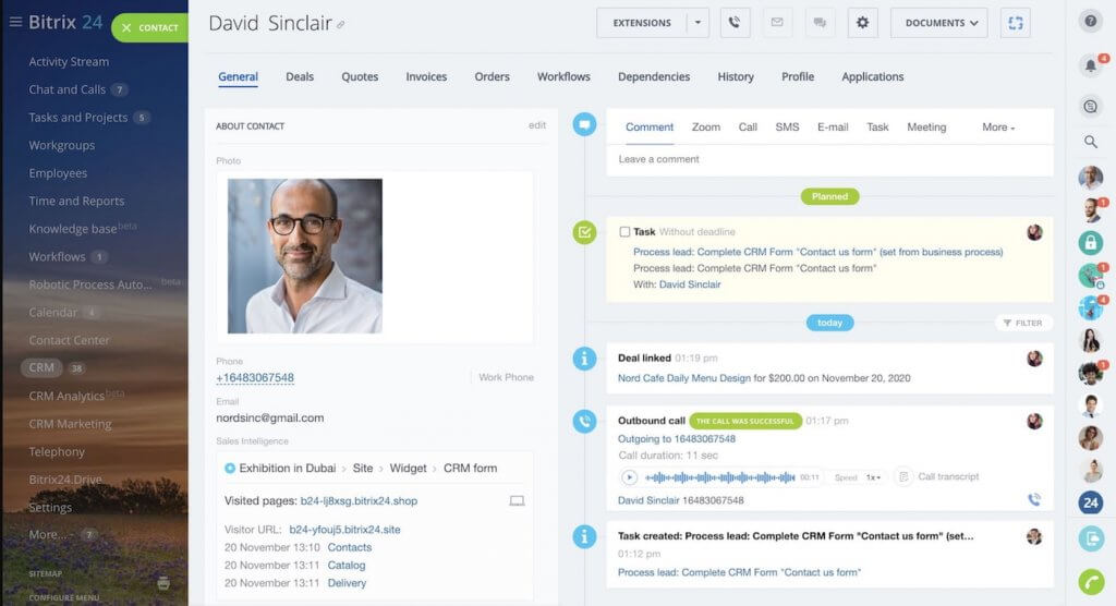 An example of a Bitrix24 contact profile alongside a virtual call center panel with call history, call recording playback, task automation, and deal updates.