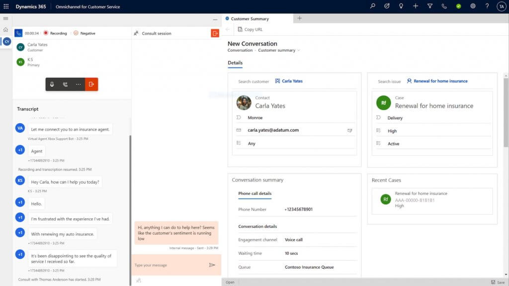 An example of Microsoft Dynamics 365 Customer Service omnichannel dashboard showing an active voice call with live transcription, sentiment indicators, customer record details, and a consult session panel.