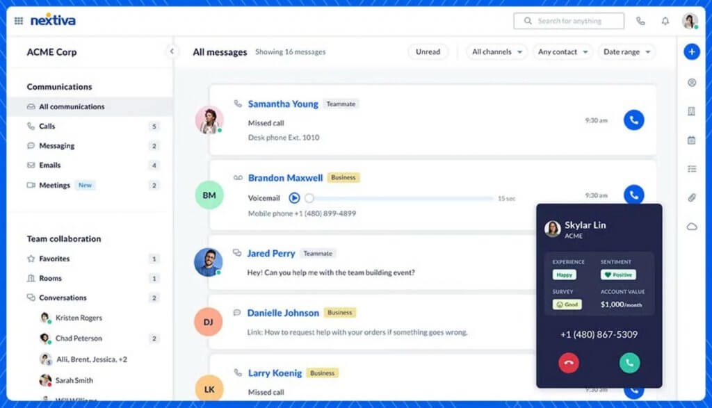 A screenshot of Nextiva’s communications dashboard displaying missed calls, voicemails, messages, and an active caller card with sentiment and account information.