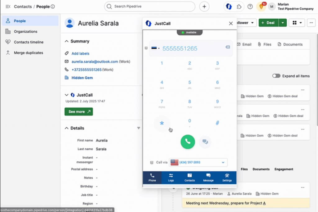 Screenshot of a Pipedrive contact profile with the JustCall integration open, displaying a dial pad and call options for making outbound calls within the CRM.