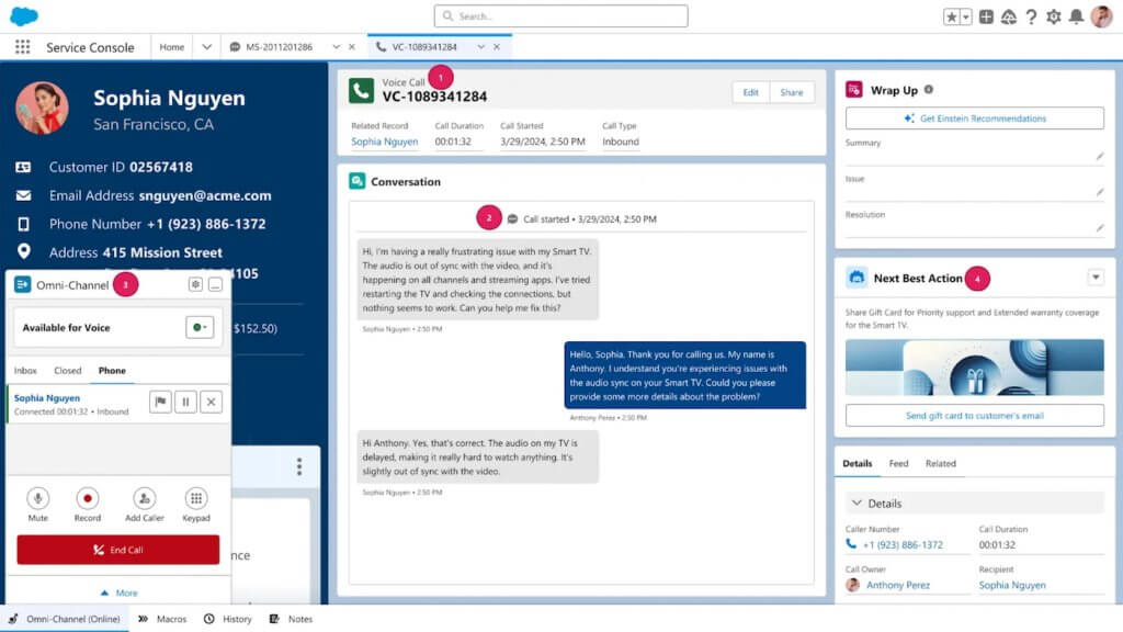 Screenshot of Salesforce Service Cloud Voice showing a live inbound call with caller details, conversation transcript, voice controls, and AI-driven recommendations for the agent.