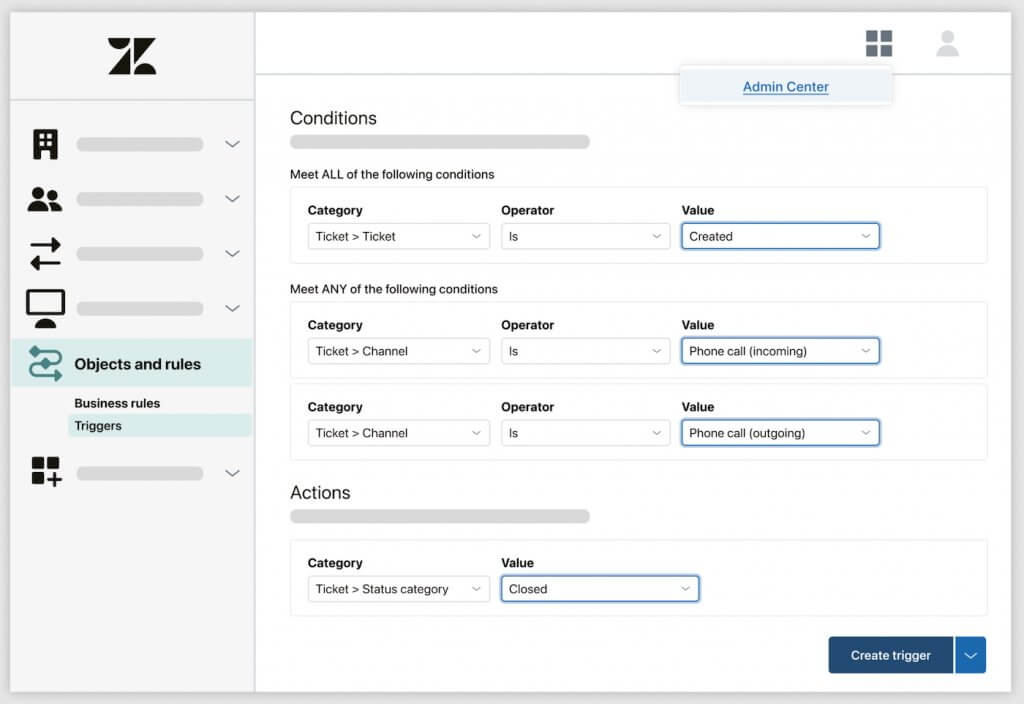 A mockup of Zendesk Suite’s Admin Center showing business rule conditions that detect phone call channels and automatically set ticket status to closed.