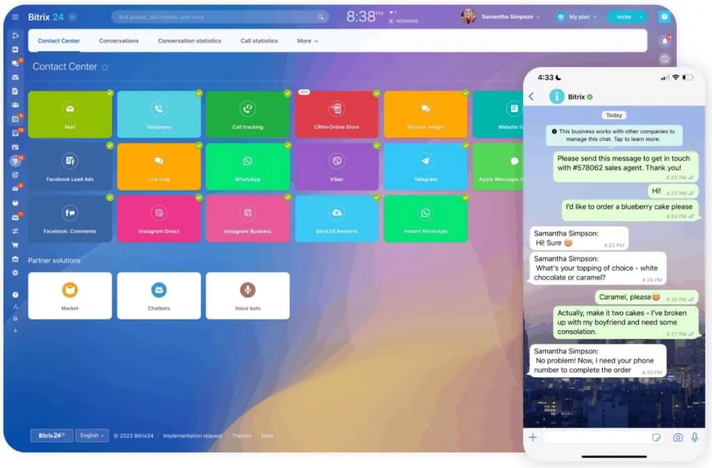 Bitrix24 contact center dashboard with integrated communication channels and mobile chat interface.
