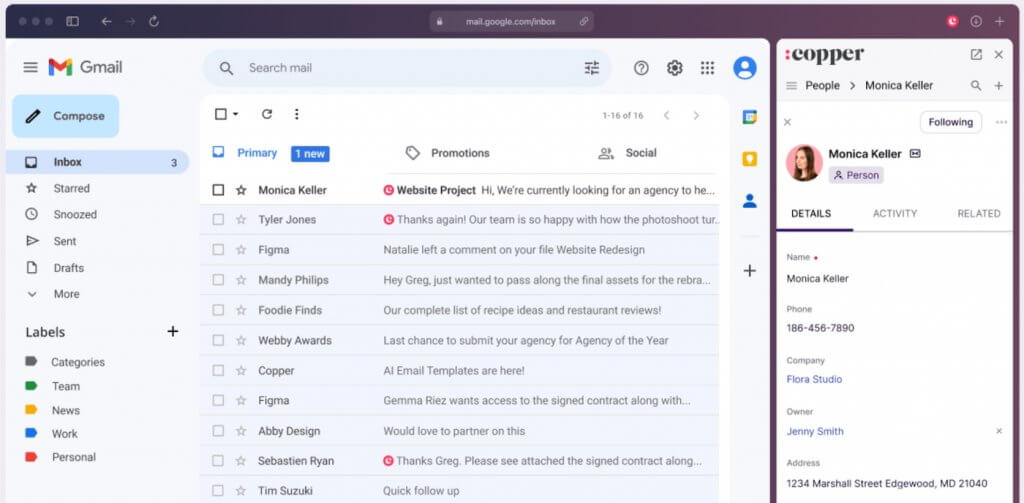 Copper CRM sidebar inside Gmail showing contact details alongside the inbox.