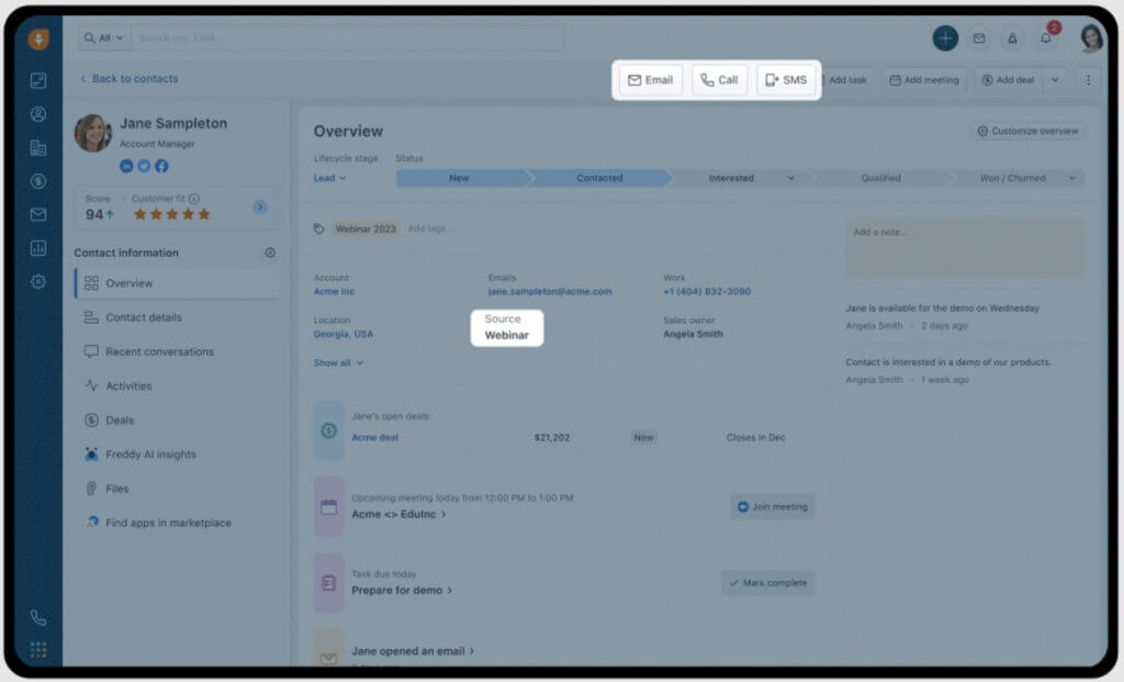 Freshsales contact record showing email, call, and SMS outreach options with deal and activity details.