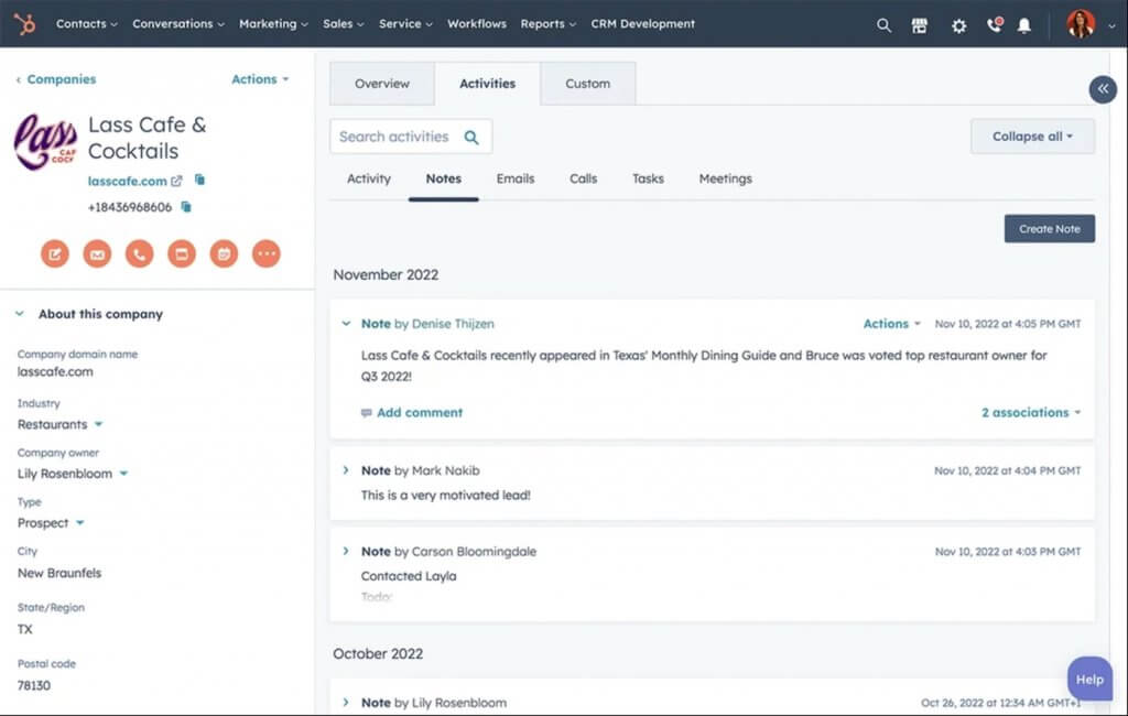 HubSpot CRM company record showing contact details, activity timeline, and notes.