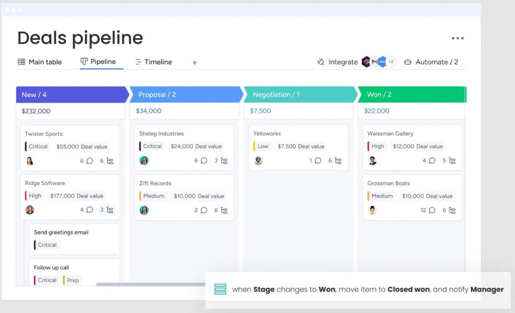 monday CRM deals pipeline with visual stages and automated deal updates.