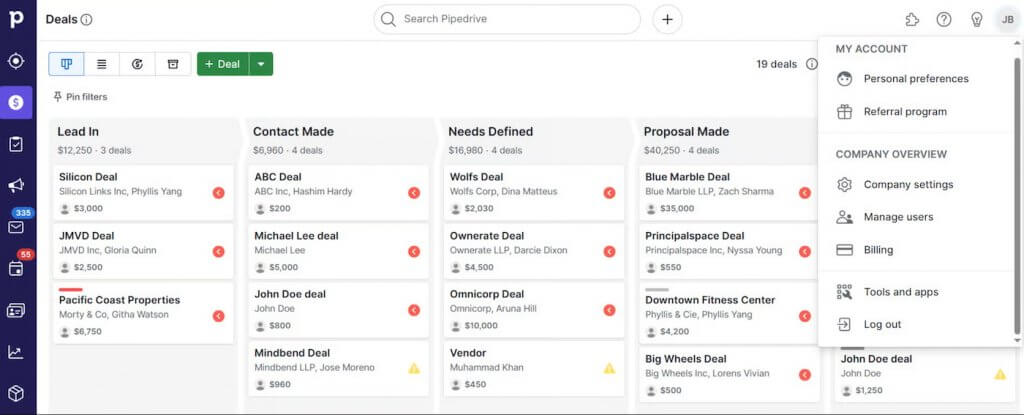 Pipedrive CRM deal pipeline showing drag-and-drop stages and active deals.