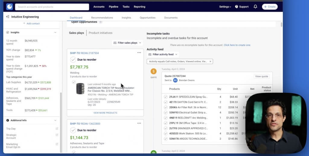 Proton.ai dashboard showing AI-driven reorder alerts, spend insights, and account activity.