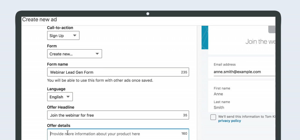 LinkedIn lead form with ad details, including CTA, form name, and offer details.