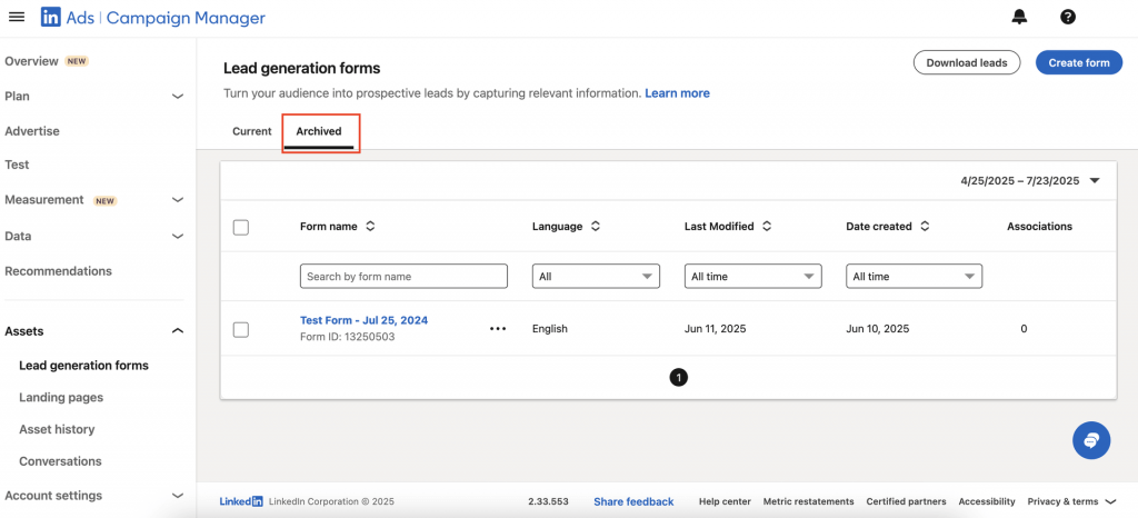 LinkedIn lead generation form with access to current and archived company assets.