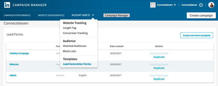 LinkedIn Campaign Manager account assets page featuring the Lead generation form templates.