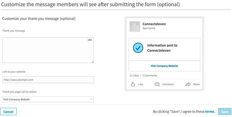 LinkedIn lead form, Thank You CTA page with customizable messaging.