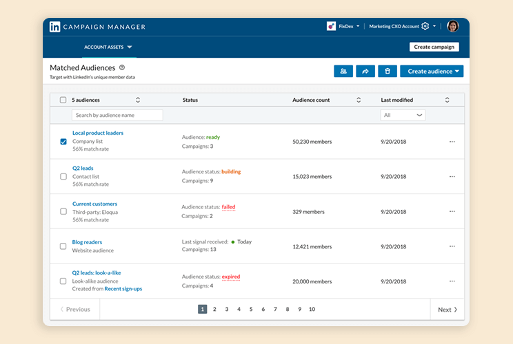 Matched audience dashboard in LinkedIn Campaign Manager featuring targeted audiences.