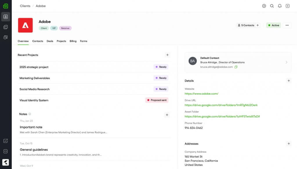 Bonsai CRM client dashboard showing an overview with client details, recent projects, proposal status, notes, contacts, and billing information in a single client view.