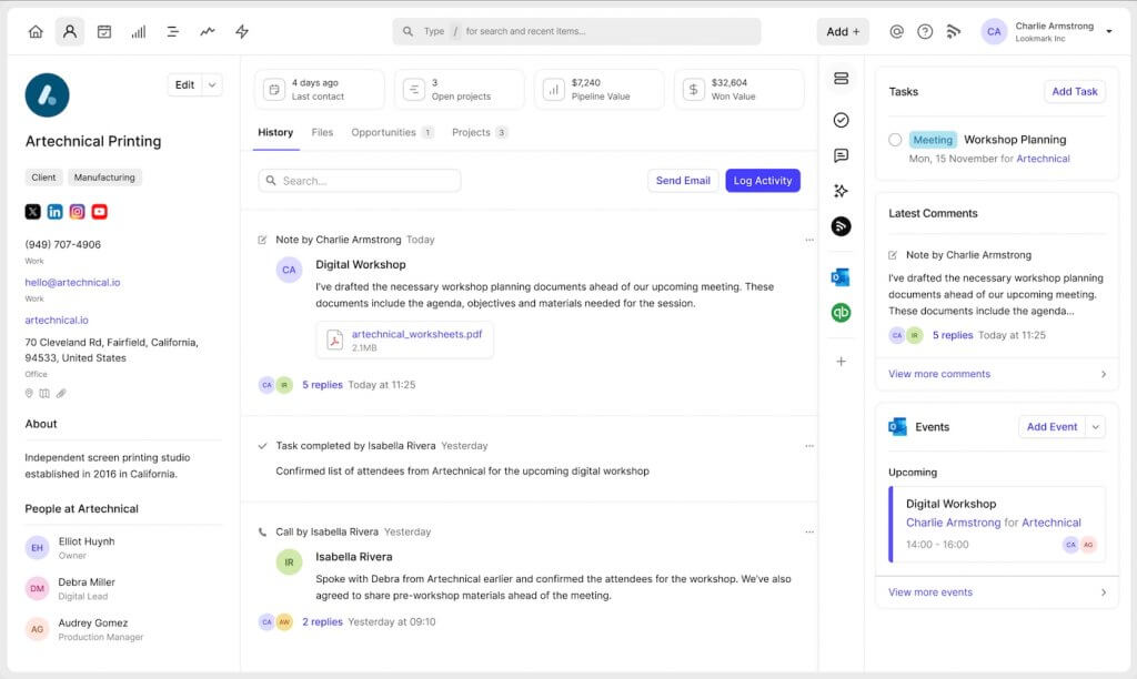 Capsule CRM contact record showing client details, interaction history, notes, files, open projects, tasks, and upcoming events in a single client view.