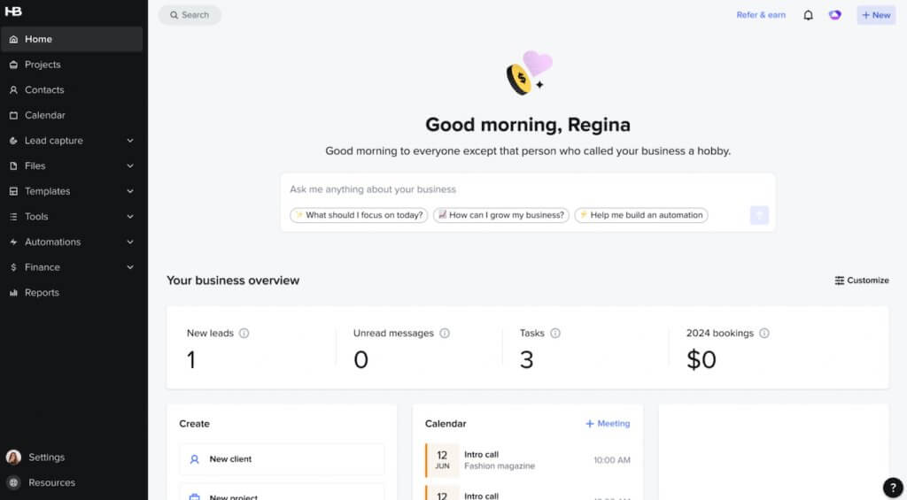 HoneyBook dashboard showing a business overview with new leads, tasks, bookings, calendar events, and navigation for projects, contacts, automations, and finances.