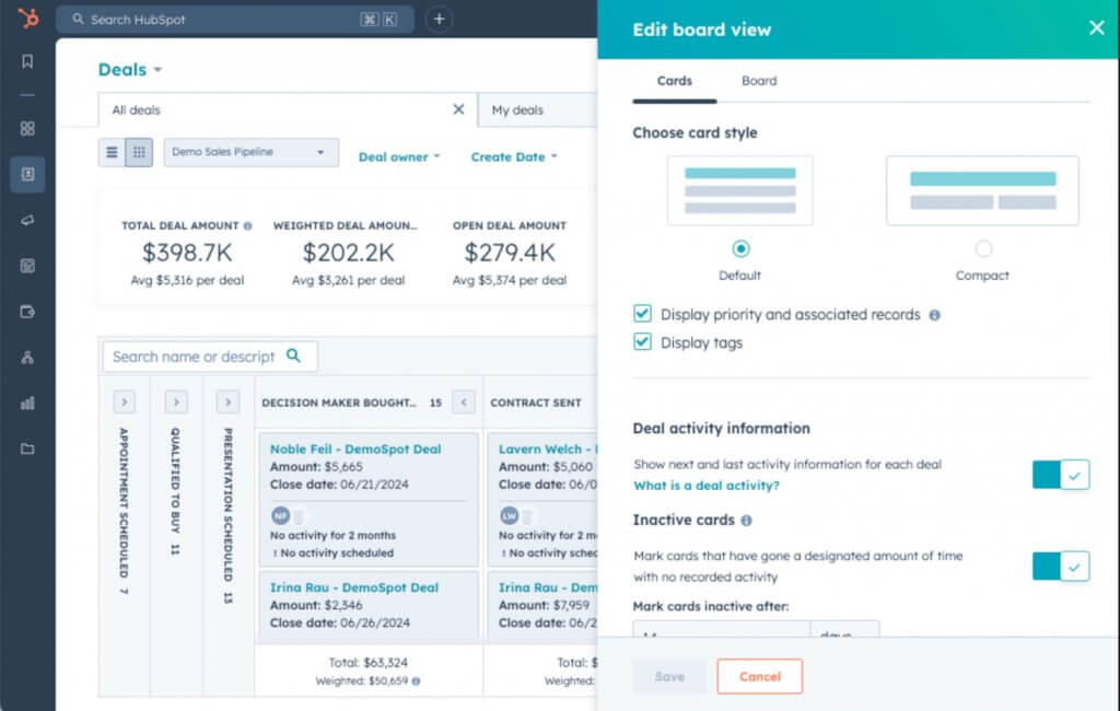 HubSpot CRM deals dashboard showing a visual sales pipeline with deal stages, deal values, activity status, and board view customization options.